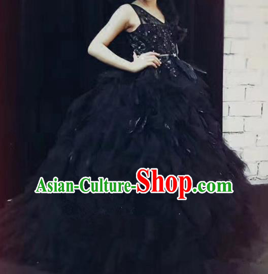 Children Models Show Costume Stage Performance Catwalks Compere Black Feather Dress for Kids