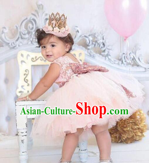 Children Models Show Costume Catwalks Stage Performance Pink Bowknot Dress for Kids