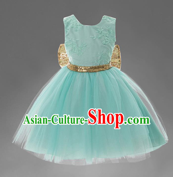 Children Models Show Costume Catwalks Stage Performance Bowknot Green Veil Dress for Kids