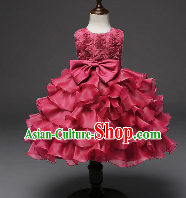Top Grade Children Catwalks Costume Princess Stage Performance Bowknot Wine Red Bubble Dress for Kids