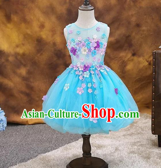 Top Grade Children Catwalks Costume Modern Dance Stage Performance Compere Blue Dress for Kids