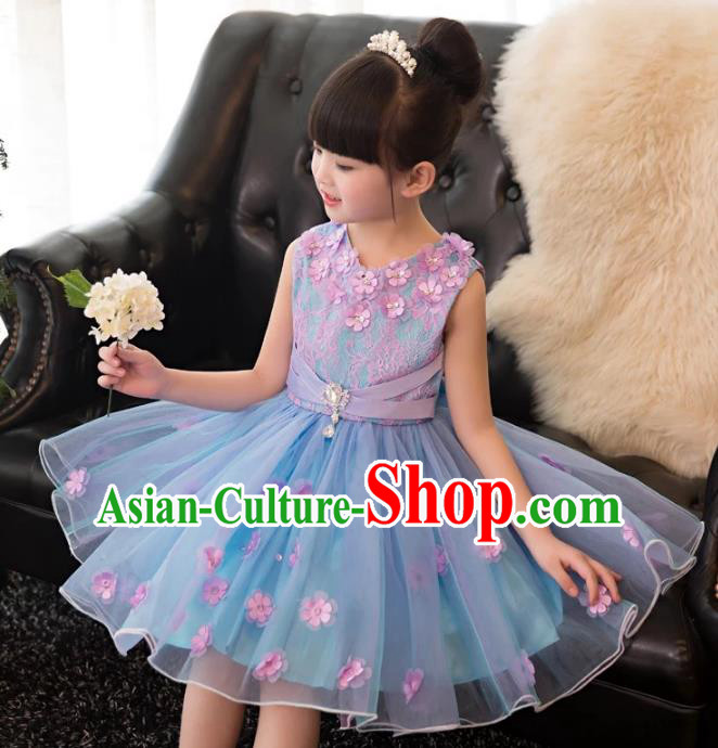 Top Grade Children Catwalks Costume Modern Dance Stage Performance Flower Fairy Blue Dress for Kids