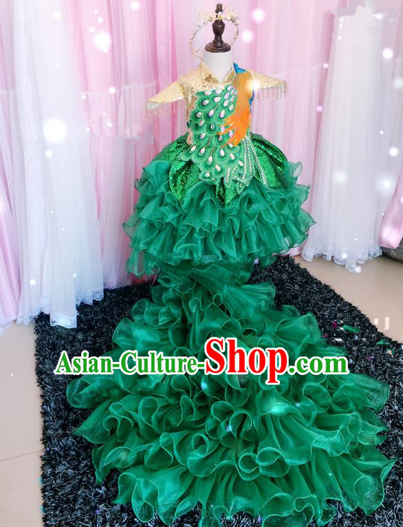 Top Grade Children Catwalks Costume Modern Dance Stage Performance Peacock Trailing Dress for Kids