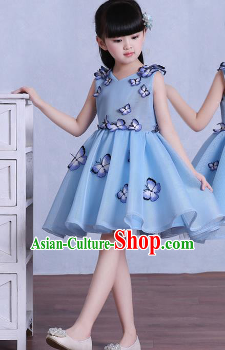 Top Grade Children Catwalks Costume Modern Dance Stage Performance Blue Butterfly Dress for Kids