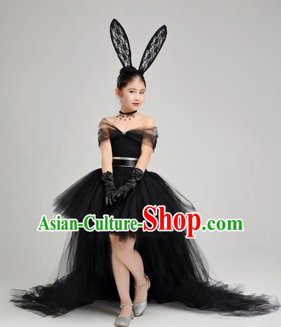 Top Grade Children Catwalks Costume Modern Dance Stage Performance Black Veil Trailing Dress for Kids