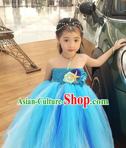 Top Grade Children Catwalks Costume Modern Dance Stage Performance Blue Veil Bubble Dress for Kids