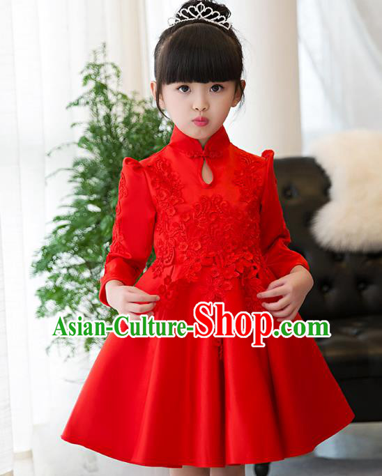 Top Grade Children Catwalks Costume Modern Dance Stage Performance Red Lace Cheongsam Dress for Kids