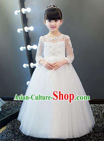 Children Models Show Costume Stage Performance Catwalks White Veil Dress for Kids