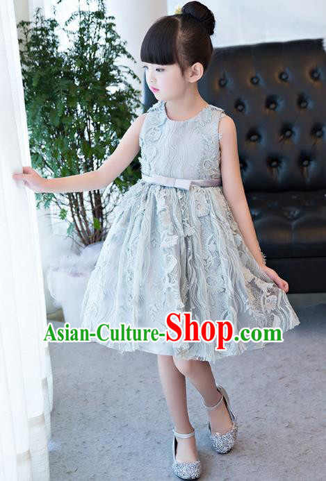 Top Grade Children Catwalks Costume Modern Dance Stage Performance Blue Lace Dress for Kids