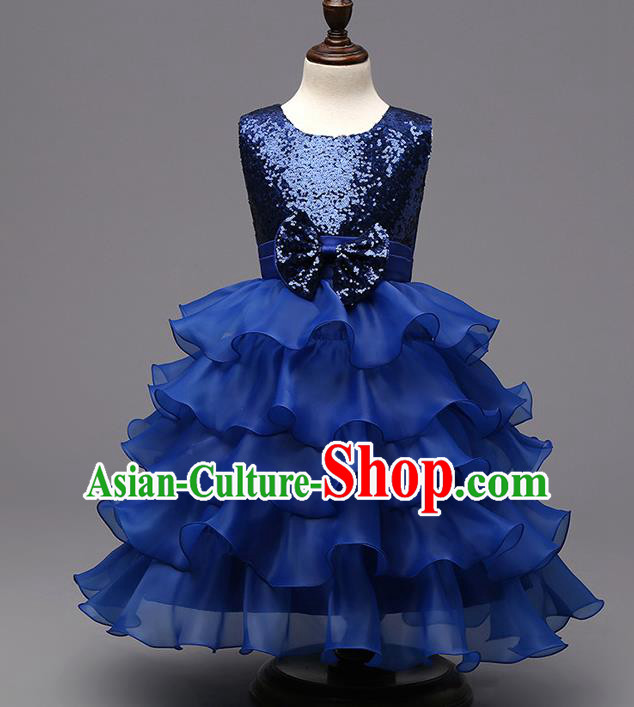 Top Grade Children Catwalks Costume Modern Dance Stage Performance Compere Royalblue Sequins Dress for Kids