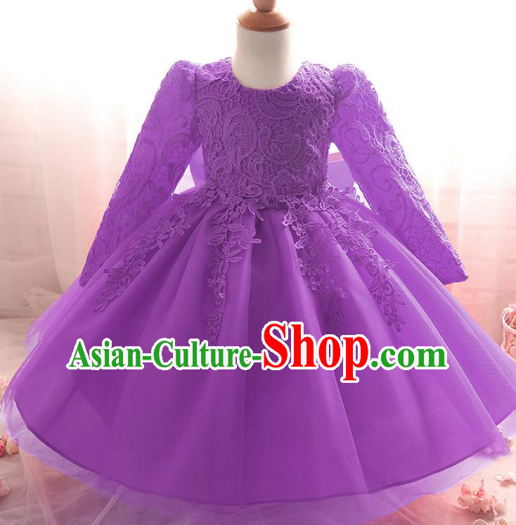 Top Grade Children Catwalks Costume Modern Dance Stage Performance Compere Purple Lace Dress for Kids