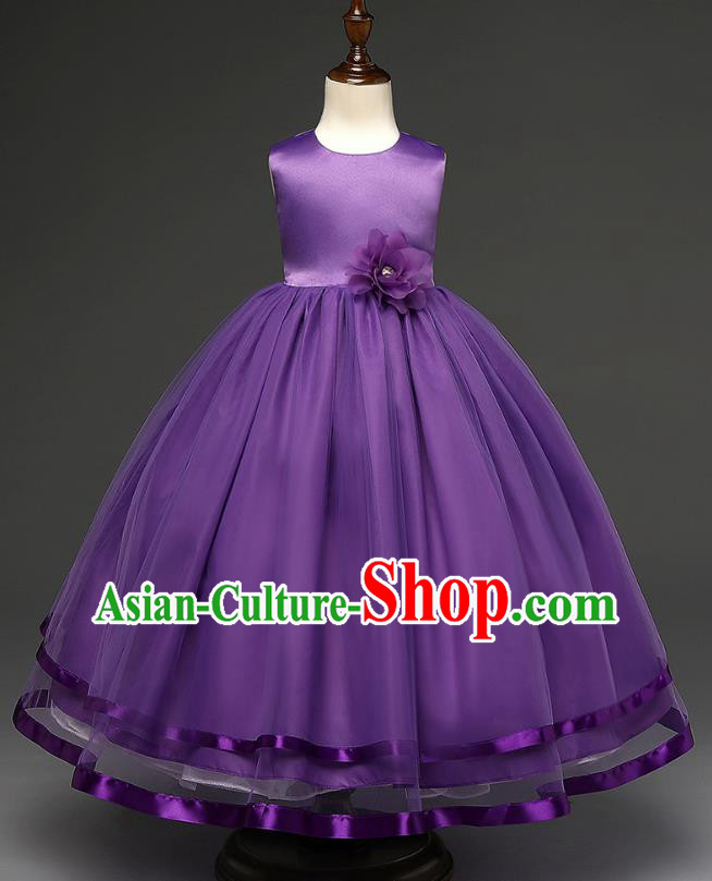 Top Grade Children Catwalks Costume Modern Dance Stage Performance Compere Purple Full Dress for Kids