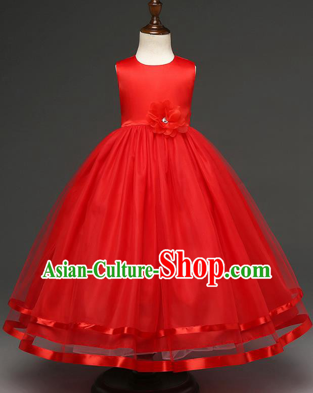 Top Grade Children Catwalks Costume Modern Dance Stage Performance Compere Red Full Dress for Kids