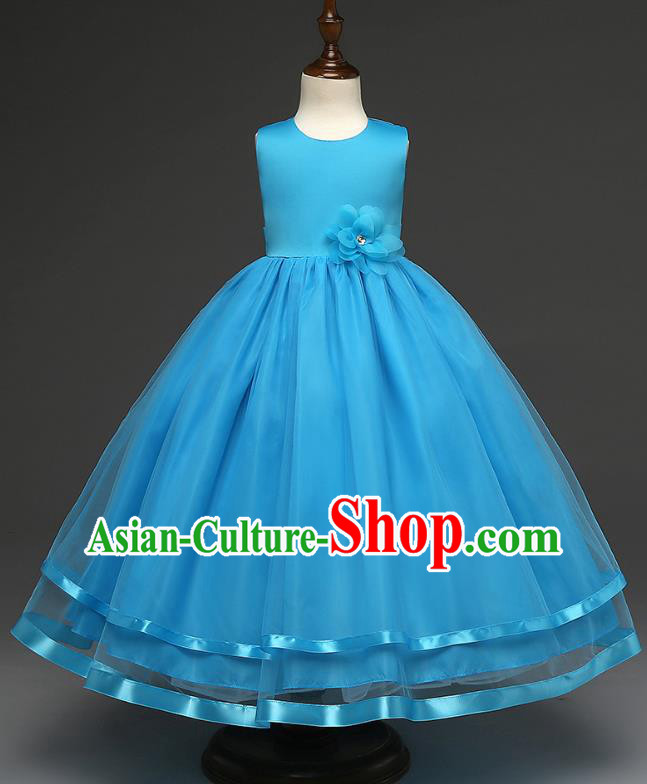 Top Grade Children Catwalks Costume Modern Dance Stage Performance Compere Blue Full Dress for Kids