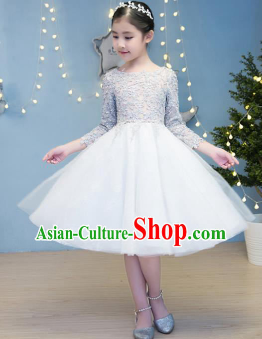 Children Models Show Costume Stage Performance Catwalks Compere White Veil Bubble Dress for Kids