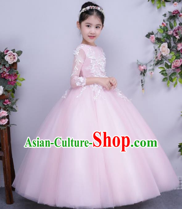 Children Catwalks Flower Fairy Costume Modern Dance Stage Performance Compere Pink Full Dress for Kids