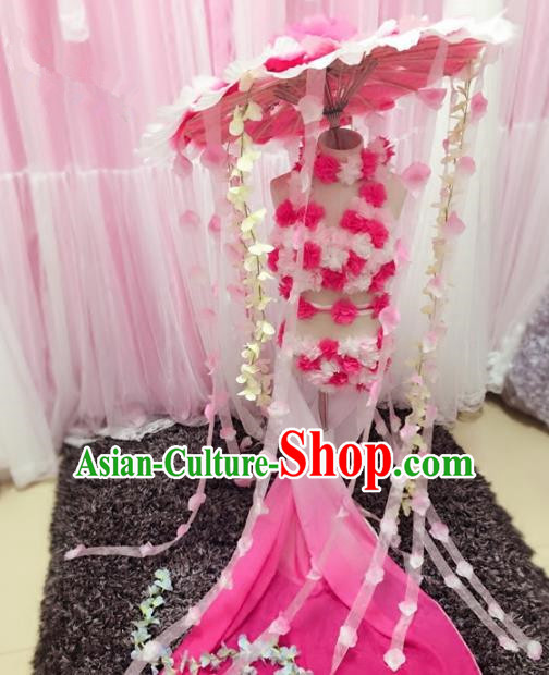 Children Models Show Costume Stage Performance Catwalks Pink Flowers Bikini and Headpiece for Kids