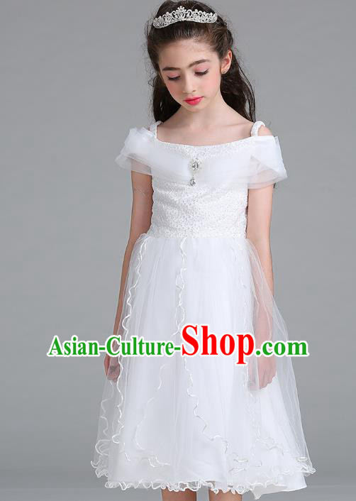 Children Models Show Compere Costume Stage Performance Catwalks White Full Dress for Kids