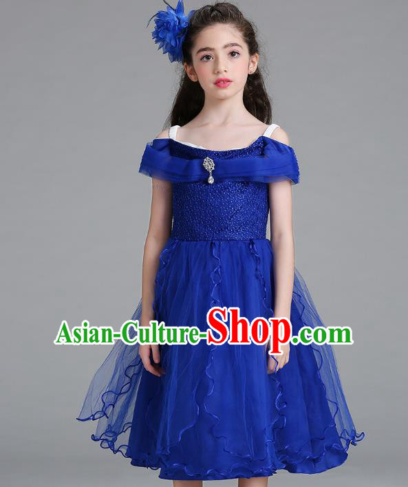 Children Models Show Compere Costume Stage Performance Catwalks Royalblue Full Dress for Kids