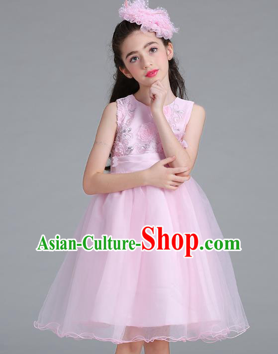 Children Models Show Compere Costume Stage Performance Catwalks Pink Veil Full Dress for Kids