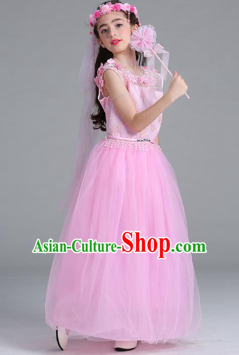 Children Models Show Compere Costume Stage Performance Catwalks Pink Lace Veil Full Dress for Kids