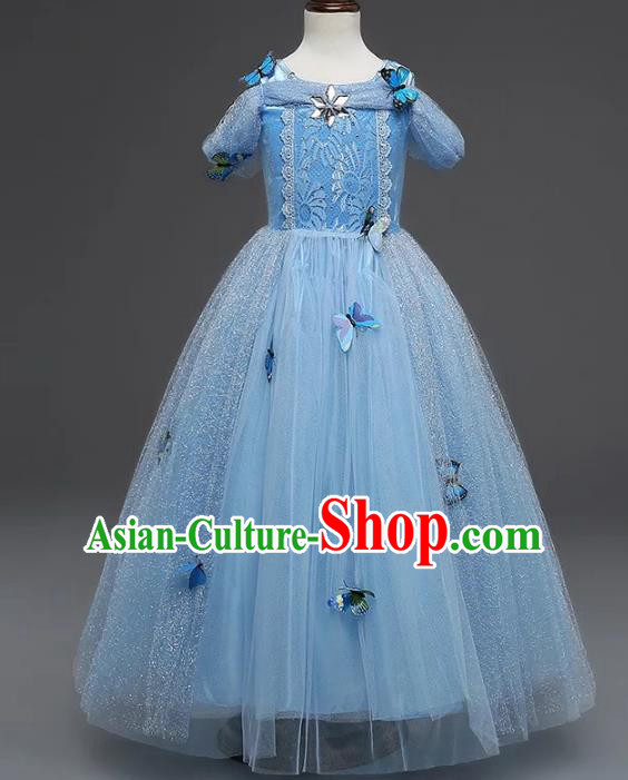 Children Models Show Compere Costume Stage Performance Girls Princess Blue Veil Full Dress for Kids