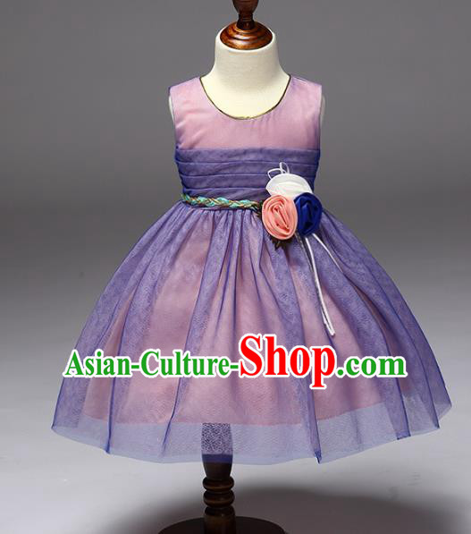 Children Models Show Compere Costume Stage Performance Girls Princess Purple Dress for Kids