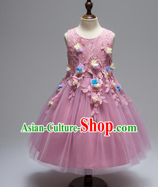 Children Models Show Compere Costume Stage Performance Girls Princess Purple Lace Dress for Kids