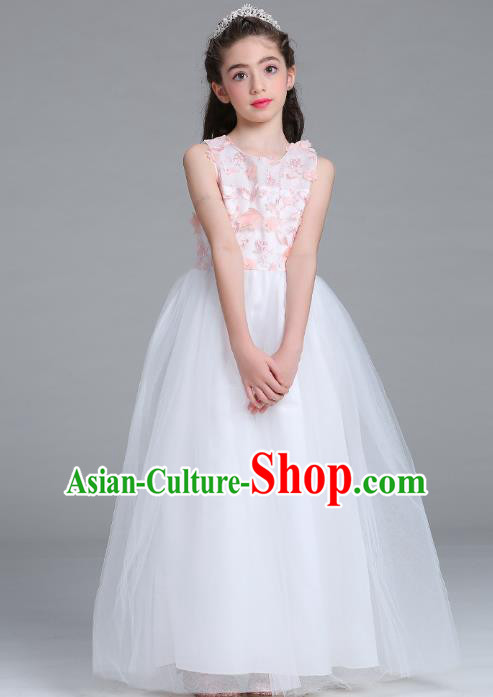 Children Models Show Compere Costume Girls Princess White Veil Petal Dress Stage Performance Clothing for Kids