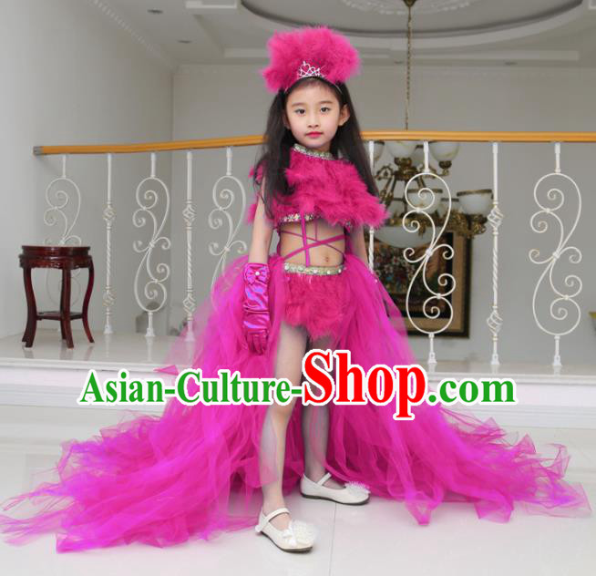 Children Models Show Compere Costume Girls Princess Rosy Veil Mullet Dress Stage Performance Clothing for Kids
