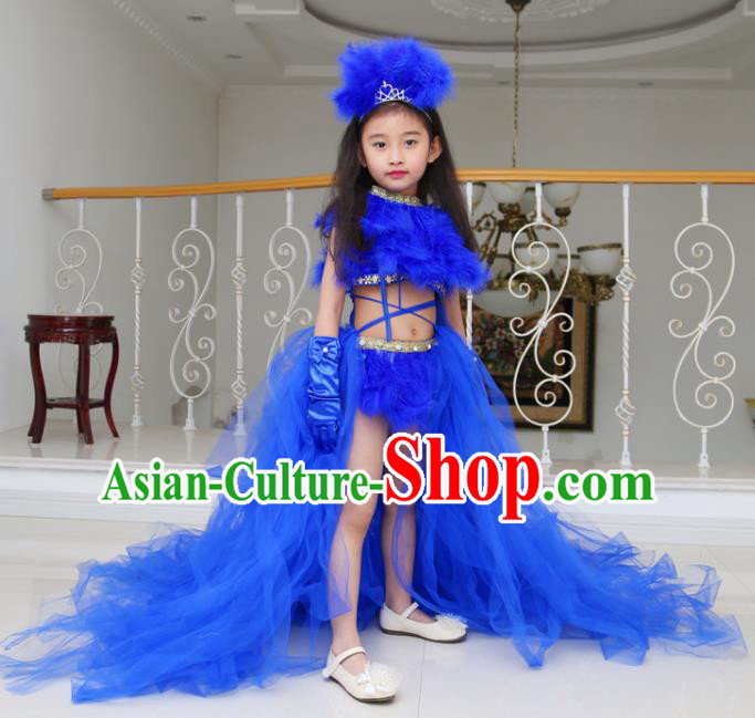 Children Models Show Compere Costume Girls Princess Royalblue Veil Mullet Dress Stage Performance Clothing for Kids