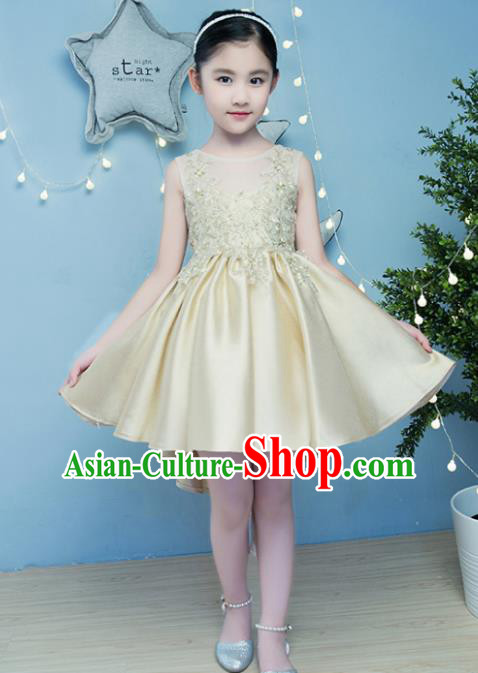 Children Models Show Compere Costume Girls Princess Golden Full Dress Stage Performance Clothing for Kids