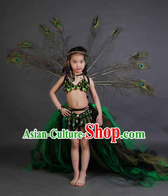 Children Models Show Costume Catwalks Stage Performance Peacock Trailing Dress and Headwear for Kids