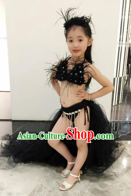 Children Models Show Costume Catwalks Stage Performance Black Trailing Swimsuit for Kids