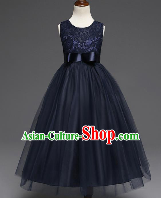 Children Models Show Costume Compere Navy Lace Full Dress Stage Performance Clothing for Kids