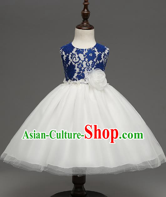 Children Catwalks Flower Fairy Costume Modern Dance Stage Performance Compere Blue Lace Full Dress for Kids