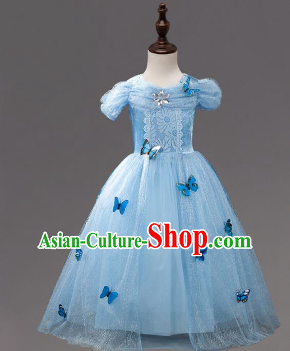 Children Fairy Princess Costume Compere Stage Performance Catwalks Blue Butterfly Dress for Kids