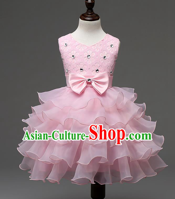 Children Fairy Princess Pink Layered Dress Stage Performance Catwalks Compere Costume for Kids