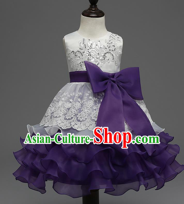 Children Flower Fairy Costume Modern Dance Stage Performance Catwalks Compere Purple Full Dress for Kids