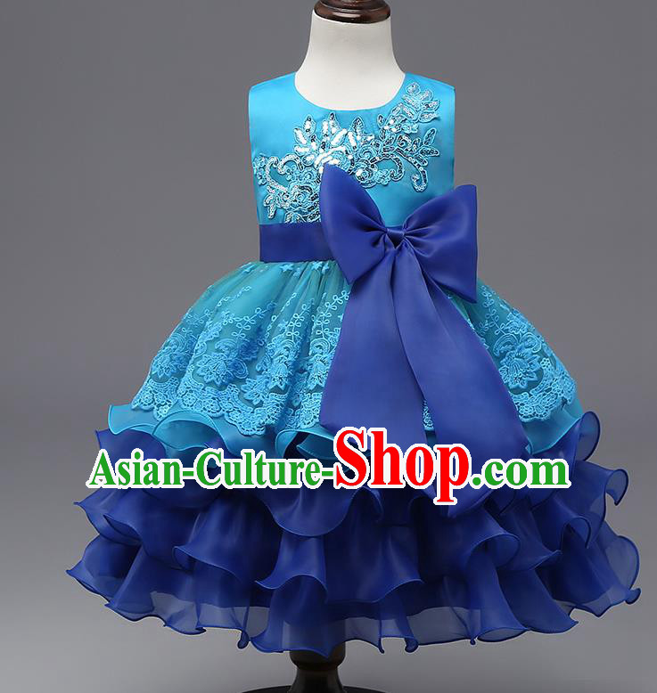 Children Flower Fairy Costume Modern Dance Stage Performance Catwalks Compere Blue Full Dress for Kids