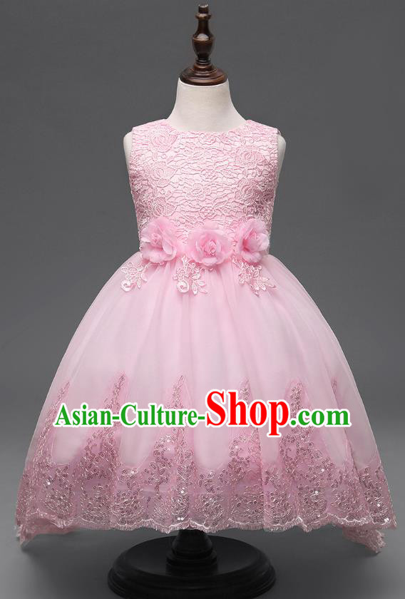 Children Fairy Princess Pink Lace Dress Stage Performance Catwalks Compere Costume for Kids