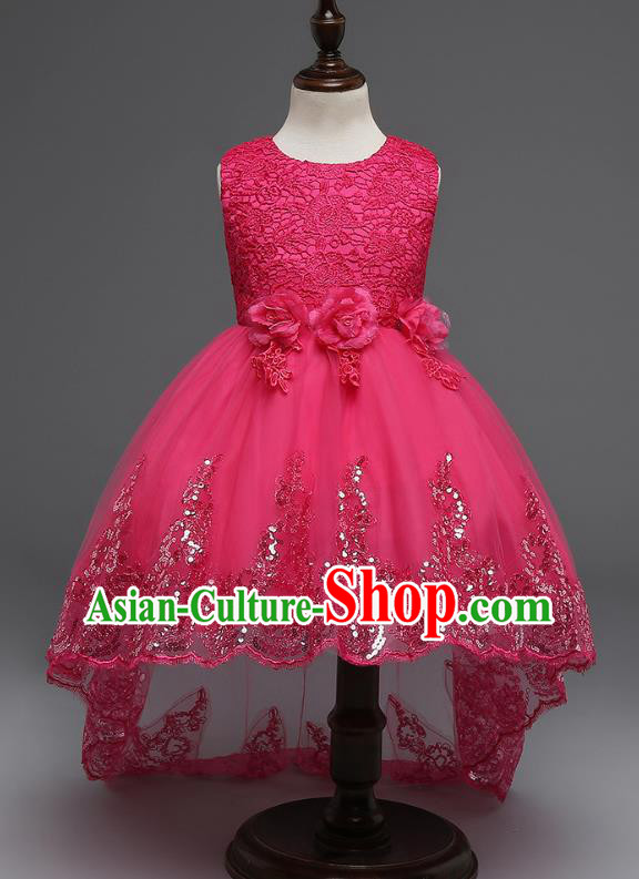 Children Fairy Princess Rosy Lace Dress Stage Performance Catwalks Compere Costume for Kids