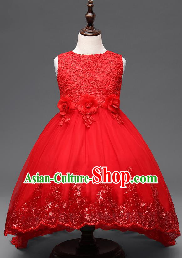 Children Fairy Princess Red Lace Dress Stage Performance Catwalks Compere Costume for Kids