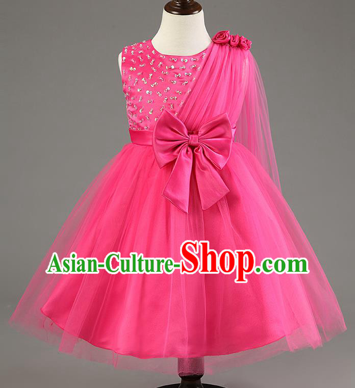 Children Fairy Princess Bowknot Rosy Dress Stage Performance Catwalks Compere Costume for Kids