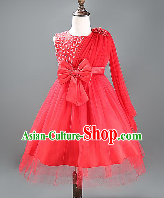Children Fairy Princess Bowknot Red Dress Stage Performance Catwalks Compere Costume for Kids