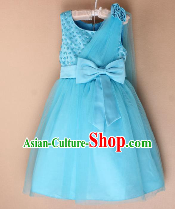 Children Fairy Princess Bowknot Blue Dress Stage Performance Catwalks Compere Costume for Kids