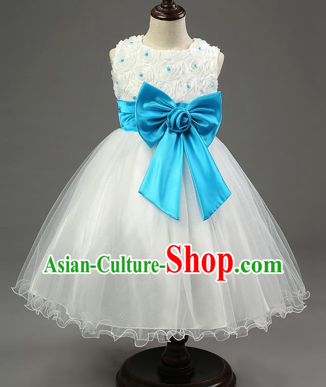 Children Fairy Princess Blue Bowknot Dress Stage Performance Catwalks Compere Costume for Kids