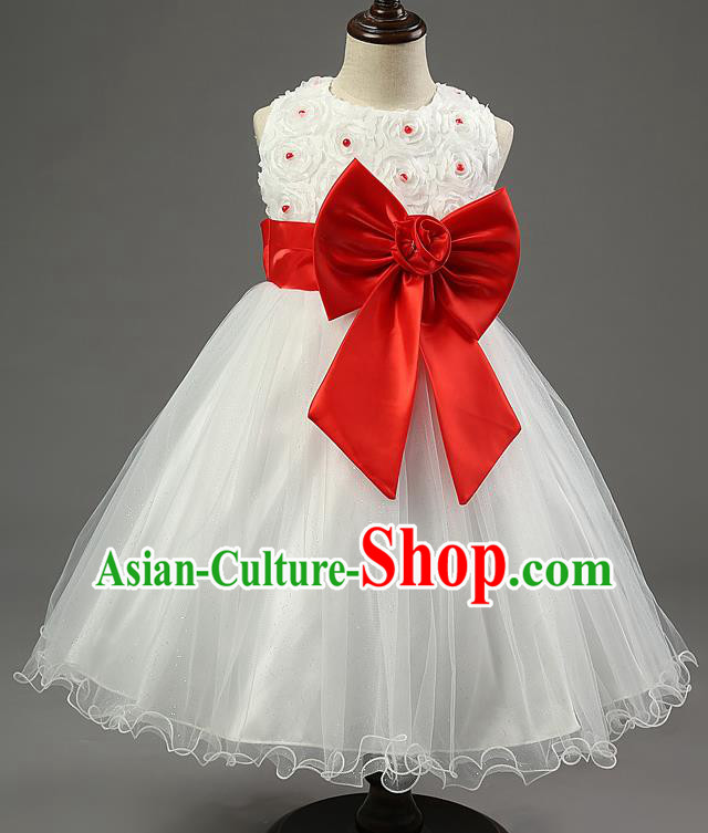 Children Fairy Princess Red Bowknot Dress Stage Performance Catwalks Compere Costume for Kids
