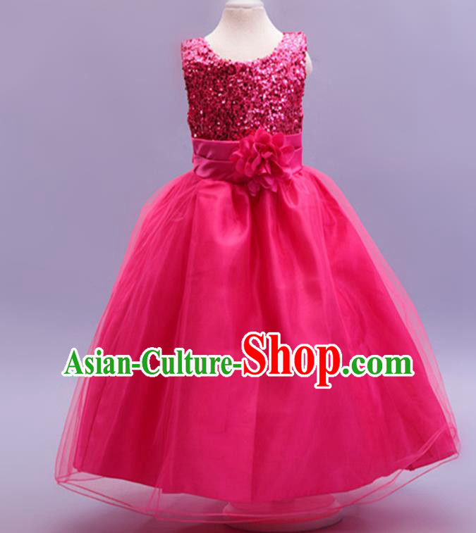 Children Modern Dance Rosy Sequins Dress Stage Performance Catwalks Compere Costume for Kids