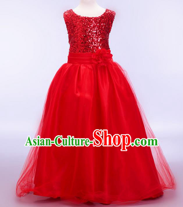 Children Modern Dance Red Sequins Dress Stage Performance Catwalks Compere Costume for Kids